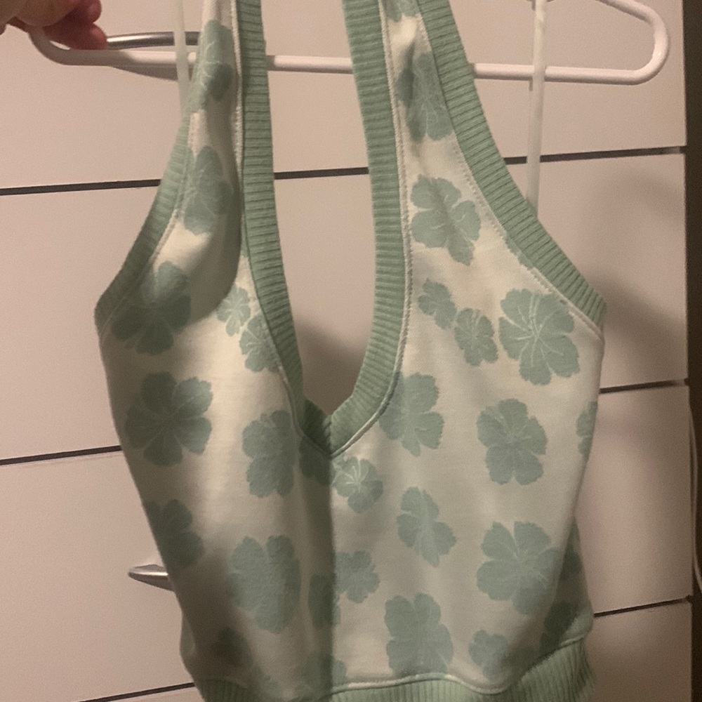 Green and white strapless flower crop top